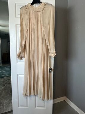 Anthropologie Soft Beige Pleated Long-Sleeve Maxi Dress